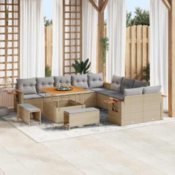 ARDEBO.de - 13-teiliges Garten-Sofaset mit Kissen Beige Poly-Rattan Akazie, 3-teiliges Garten-Ess-Set mit Kissen Beige Poly-Rattan Akazie