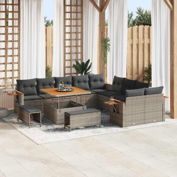 ARDEBO.de - 13-teiliges Garten-Sofa-Set mit Kissen Grau Poly-Rattan Akazie, 3-teiliges Garten-Essenset mit Kissen Grau Poly-Rattan Akazie