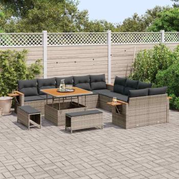 13-teiliges Garten-Sofa-Set mit Kissen Grau Poly-Rattan Akazie, 3-teiliges Garten-Essenset mit Kissen Grau Poly-Rattan Akazie