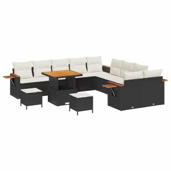 13-teiliges Garten Sofa Set mit Kissen Schwarz Poly Rattan Akazie, 3-teiliges Garten Esszimmer Set mit Kissen Schwarz Poly Rattan Akazie
