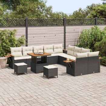 13-teiliges Garten Sofa Set mit Kissen Schwarz Poly Rattan Akazie, 3-teiliges Garten Esszimmer Set mit Kissen Schwarz Poly Rattan Akazie