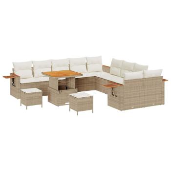 13-teiliges Garten Sofa Set mit Kissen Beige Poly Rattan Akazie, 3-teiliges Garten Essenset mit Kissen Beige Poly Rattan Akazie