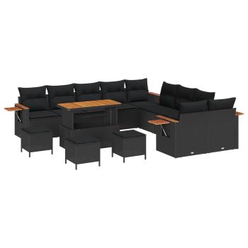 ARDEBO.de - 14-teiliges Garten Sofa Set mit Kissen Schwarz Poly Rattan Akazie, 4-teiliges Garten Essset mit Kissen Schwarz Poly Rattan Akazie