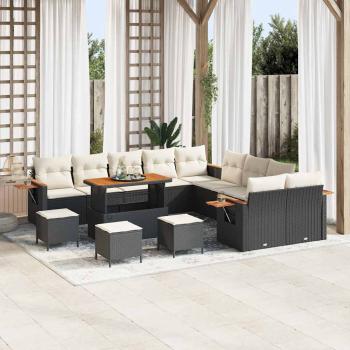 ARDEBO.de - 14-teiliges Garten-Sofa-Set mit Kissen - Schwarzes Poly-Rattan Akazie, 4-teiliges Garten-Ess-Set mit Kissen - Schwarzes Poly-Rattan Akazie