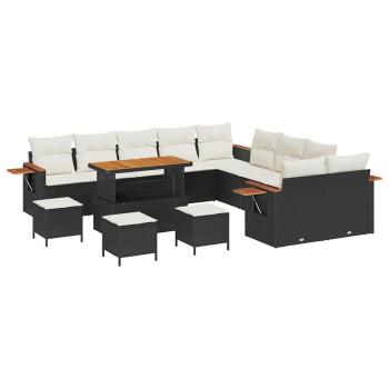 14-teiliges Garten-Sofa-Set mit Kissen - Schwarzes Poly-Rattan Akazie, 4-teiliges Garten-Ess-Set mit Kissen - Schwarzes Poly-Rattan Akazie