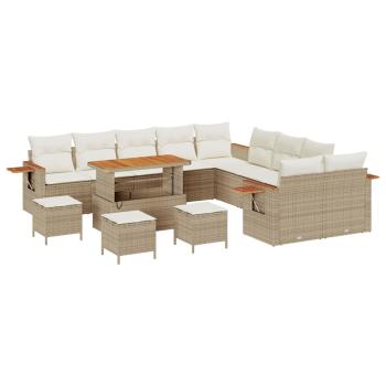 14-teiliges Garten Sofaset mit Kissen Beige Poly Rattan Akazie, 4-teiliges Garten Essset mit Kissen Beige Poly Rattan Akazie