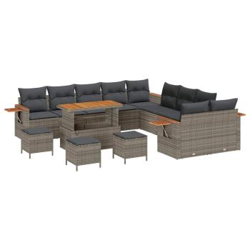 14 Teiliges Garten Sofa Set mit Kissen Grau Poly Rattan Akazie, 4 Teiliges Garten Dining Set mit Kissen Grau Poly Rattan Akazie