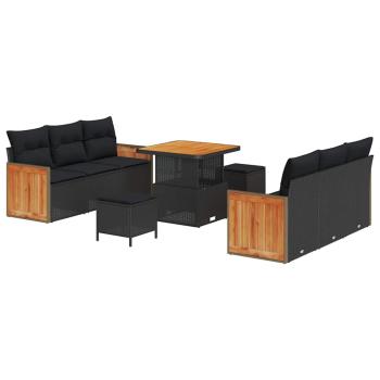 9-teiliges Garten-Sofaset mit Kissen Schwarz Poly-Rattan Akazie, 3-teiliges Garten-Ess-Set mit Kissen Schwarz Poly-Rattan Akazie
