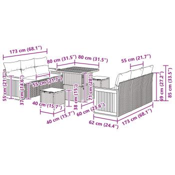 9-teiliges Garten-Sofaset mit Kissen Schwarz Poly-Rattan Akazie, 3-teiliges Garten-Ess-Set mit Kissen Schwarz Poly-Rattan Akazie
