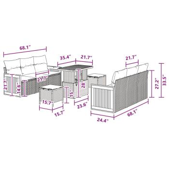 9-teiliges Garten Sofaset mit Kissen Schwarz Poly Rattan Akazienholz, 3-teiliges Garten Esstisch Set mit Kissen Schwarz Poly Rattan Akazienholz