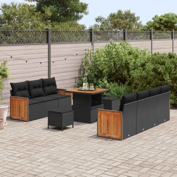 10-teiliges Garten Sofa Set mit Kissen Schwarz Poly-Rattan Akazie, 3-teiliges Garten Esstisch Set mit Kissen Schwarz Poly-Rattan Akazie