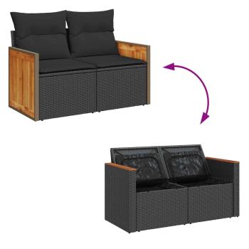10-teiliges Garten Sofa Set mit Kissen Schwarz Poly-Rattan Akazie, 3-teiliges Garten Esstisch Set mit Kissen Schwarz Poly-Rattan Akazie