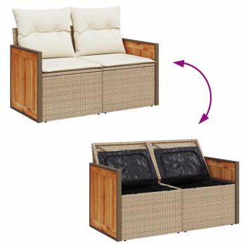 10-teiliges Garten-Sofa-Set mit Kissen Beige Poly Rattan Akazie, 3-teiliges Garten-Esszimmer-Set mit Kissen Beige Poly Rattan Akazie