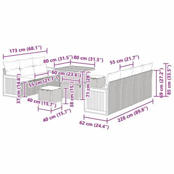 10-teiliges Garten Sofa Set mit Kissen Grau Poly Rattan Akazie, 3-teiliges Garten Ess-Set mit Kissen Grau Poly Rattan Akazie