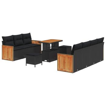 ARDEBO.de - 10-teiliges Garten Sofa Set mit Kissen Schwarz Poly Rattan Akazie, 3-teiliges Garten Essenset mit Kissen Schwarz Poly Rattan Akazie
