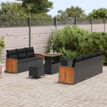 10-teiliges Garten Sofa Set mit Kissen Schwarz Poly Rattan Akazie, 3-teiliges Garten Essenset mit Kissen Schwarz Poly Rattan Akazie