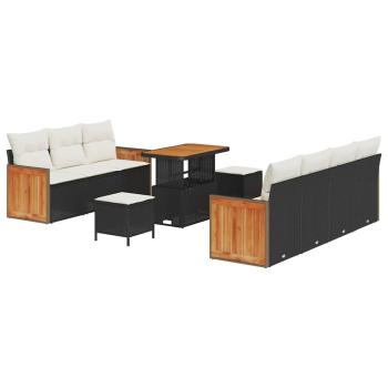 10-teiliges Garten Sofa Set mit Kissen Schwarz Poly Rattan Akazie, 3-teiliges Garten Esszimmer Set mit Kissen Schwarz Poly Rattan Akazie