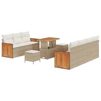 10-teiliges Garten Sofa Set mit Kissen Beige Poly Rattan Akazie, 3-teiliges Garten Essset mit Kissen Beige Poly Rattan Akazie