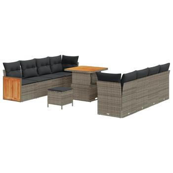 11-teiliges Garten Sofaset mit Kissen Grau Poly Rattan Akazie, 3-teiliges Garten Essenset mit Kissen Grau Poly Rattan Akazie