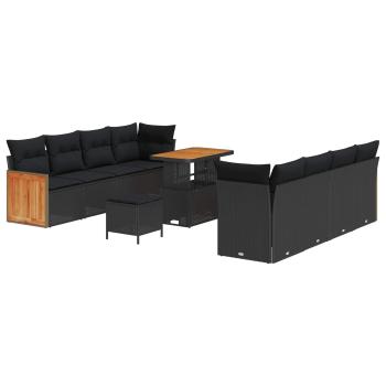 ARDEBO.de - 11-teiliges Garten Sofa Set mit Kissen Schwarz Poly Rattan Akazie, 3-teiliges Garten Essenset mit Kissen Schwarz Poly Rattan Akazie