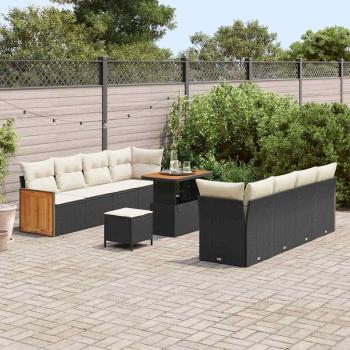 11-teiliges Garten-Sofa-Set mit Kissen Schwarz Poly Rattan Akazie, 3-teiliges Garten-Dining-Set mit Kissen Schwarz Poly Rattan Akazie