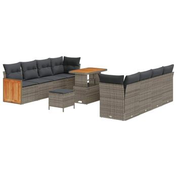 11-teiliges Garten-Sofa-Set mit Kissen Grau Poly-Rattan Akazie, 3-teiliges Garten-Esszimmer-Set mit Kissen Grau Poly-Rattan Akazie