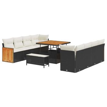 ARDEBO.de - 11-teiliges Garten Sofa Set mit Kissen Schwarzes Poly Rattan Akazie, 3-teiliges Garten Essenset mit Kissen Schwarzes Poly Rattan Akazie