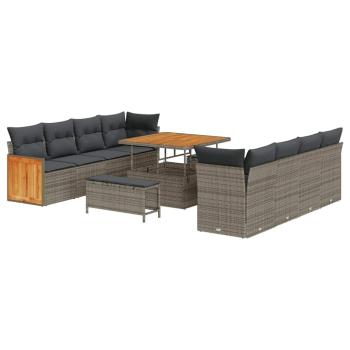 11-teiliges Garten Sofa Set mit Kissen Grau Poly Rattan Akazie, 3-teiliges Garten Esszimmer Set mit Kissen Grau Poly Rattan Akazie