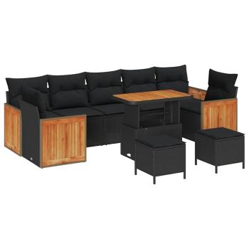 10-teiliges Garten Sofa Set mit Kissen Schwarz Poly-Rattan Akazienholz, 3-teilige Garten Esstisch Set mit Kissen Schwarz Poly-Rattan Akazienholz