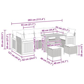 10-teiliges Garten Sofa Set mit Kissen Schwarz Poly-Rattan Akazienholz, 3-teilige Garten Esstisch Set mit Kissen Schwarz Poly-Rattan Akazienholz