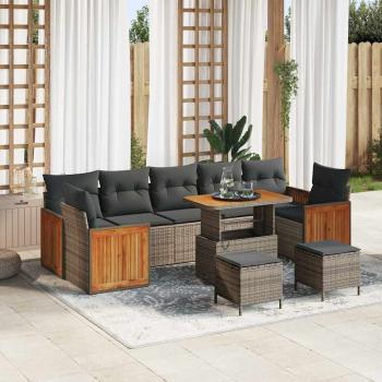 ARDEBO.de - 10-teiliges Gartensofaset mit Kissen Grau Poly-Rattan Akazienholz, 3-teiliges Gartentischset mit Kissen Grau Poly-Rattan Akazienholz