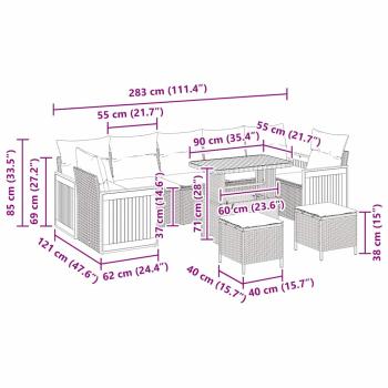 10-teiliges Gartensofaset mit Kissen Grau Poly-Rattan Akazienholz, 3-teiliges Gartentischset mit Kissen Grau Poly-Rattan Akazienholz