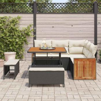 8-teilige Garten-Sofaset mit Kissen Schwarz Poly Rattan Akazie, 3-teiliges Garten-Esszimmer-Set mit Kissen Schwarz Poly Rattan Akazie