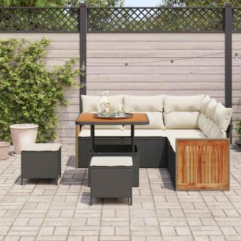 8-teiliges Garten Sofaset mit Kissen Schwarz Poly-Rattan Akazie, 3-teiliges Garten Ess-Set mit Kissen Schwarz Poly-Rattan Akazie
