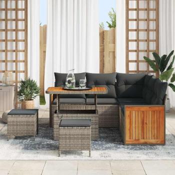8-teilige Garten-Sofa-Set mit Kissen Grau Poly-Rattan Akazie, 3-teiliges Garten-Ess-Set mit Kissen Grau Poly-Rattan Akazie