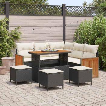 ARDEBO.de - 9-teiliges Garten Sofa Set mit Kissen Schwarz Poly Rattan Akazie, 4-teiliges Garten Ess-Set mit Kissen Schwarz Poly Rattan Akazie