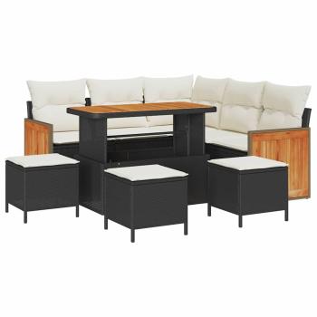 9-teiliges Garten Sofa Set mit Kissen Schwarz Poly Rattan Akazie, 4-teiliges Garten Ess-Set mit Kissen Schwarz Poly Rattan Akazie