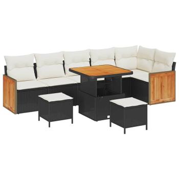 9-teiliges Garten Sofa Set mit Kissen Schwarz Poly Rattan Akazie, 3-teiliges Garten Esszimmer Set mit Kissen Schwarz Poly Rattan Akazie