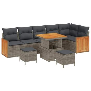 ARDEBO.de - 9-teiliges Garten Sofa Set mit Kissen Grau Poly Rattan Akazie, 3-teiliges Garten Essset mit Kissen Grau Poly Rattan Akazie