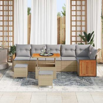 9-teilige Garten Sofa Set mit Kissen Beige Poly Rattan Akazie, 3-teilige Garten Essgruppe mit Kissen Beige Poly Rattan Akazie
