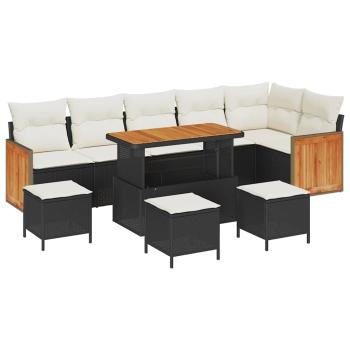 10-teiliges Garten-Sofa-Set mit Kissen Schwarz Poly Rattan Akazie, 4-teiliges Garten-Dining-Set mit Kissen Schwarz Poly Rattan Akazie