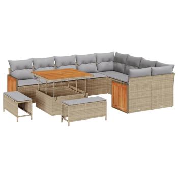 12-teiliges Garten-Sofa-Set mit Kissen Beige Poly-Rattan Akazien, 3-teiliges Garten-Ess-Set mit Kissen Beige Poly-Rattan Akazien