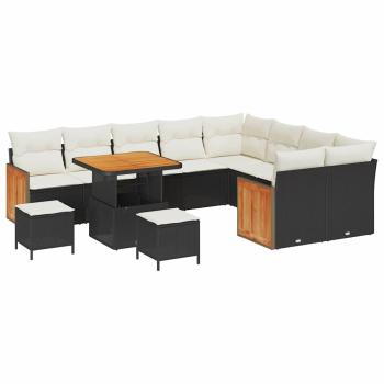 12-teiliges Garten Sofa Set mit Kissen, schwarzes Poly-Rattan, Akazie, 3-teiliges Garten Essset mit Kissen, schwarzes Poly-Rattan, Akazie