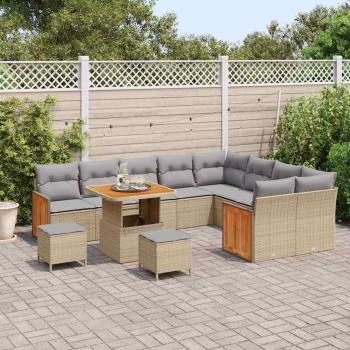 12-teiliges Garten-Sofa-Set mit Kissen Beige Poly Rattan Akazie, 3-teiliges Garten-Ess-Set mit Kissen Beige Poly Rattan Akazie
