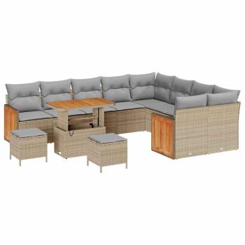 12-tlg. Garten Sofa Set mit Kissen Beige Poly Rattan Akazie, 3-tlg. Garten Essenset mit Kissen Beige Poly Rattan Akazie