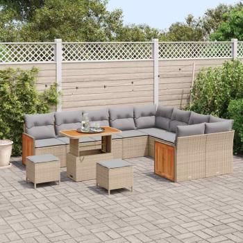 12-tlg. Garten Sofa Set mit Kissen Beige Poly Rattan Akazie, 3-tlg. Garten Essenset mit Kissen Beige Poly Rattan Akazie