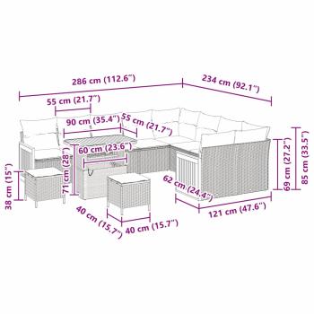 12-teiliges Garten Sofa Set mit Kissen Grau Poly Rattan Akazie, 3-teiliges Garten Dining Set mit Kissen Grau Poly Rattan Akazie