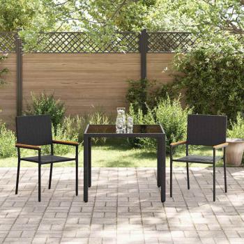 3-teiliges Garten Essset Schwarz Poly-Rattan, Stapelbare Gartenstühle mit Kissen - 2-teiliges Set in Schwarz Poly-Rattan