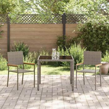 3-teiliges Garten Esstisch-Set Grau Poly-Rattan, Stapelbare Gartenstühle mit Kissen 2er Set Grau Poly-Rattan