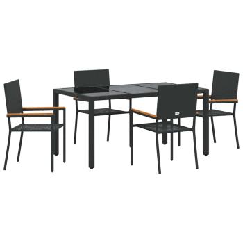 5-teiliges Garten Esszimmer Set Schwarz Poly-Rattan, Stapelbare Gartenstühle mit Kissen - 2-teiliges Set in Schwarz Poly-Rattan
